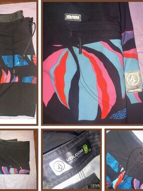 Volcom Black Athletic/Board Shorts with Blue, Pink & Red Graphic Size 36
